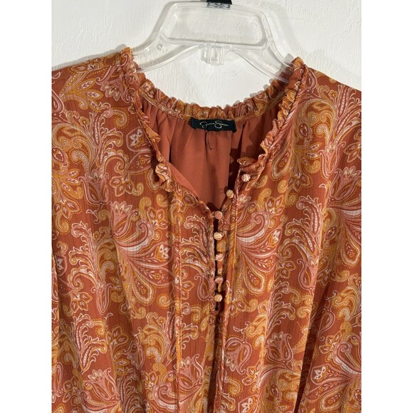 Jessica Simpson XL Blouse Auburn Orange Folkloric Emery Boho Lined Button Front - Picture 1 of 6